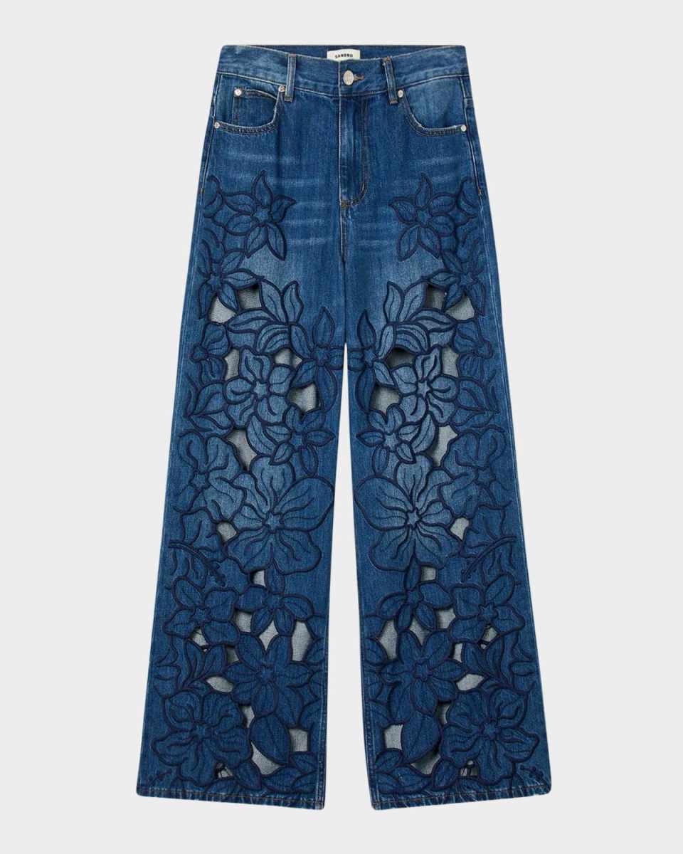 Spring Floral Embroidered Wide-Leg Jeans